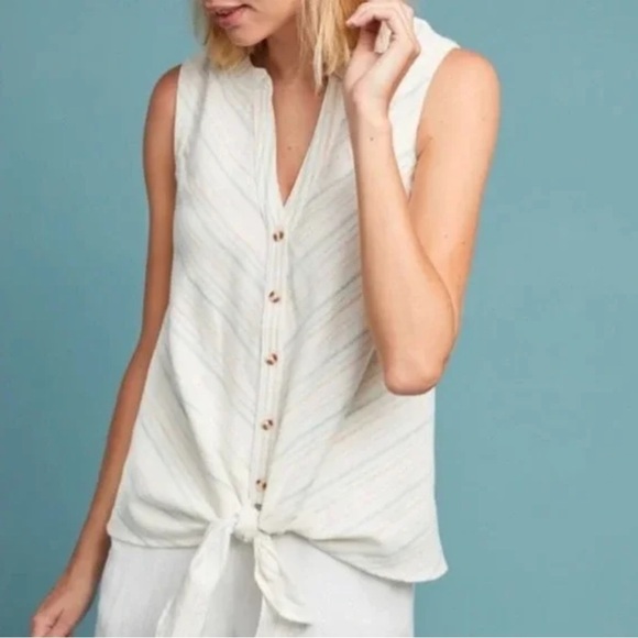 Anthropologie Maeve Blue Stripe Button/Tie Front Sleeveless Top Sz 0/XS Beachy - Picture 1 of 12